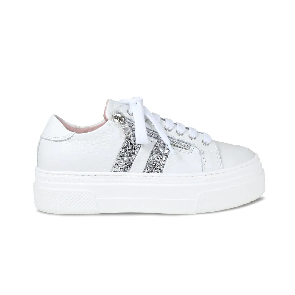 Diva: White Leather & Silver Glitter sold by Sole Bliss