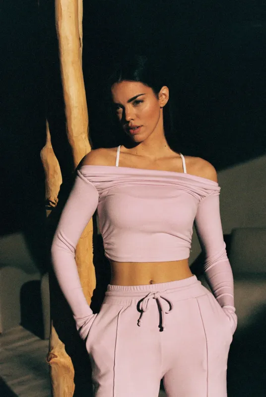 Off Shoulder Long Sleeve Pleated Crop Top sold by WISKII Active