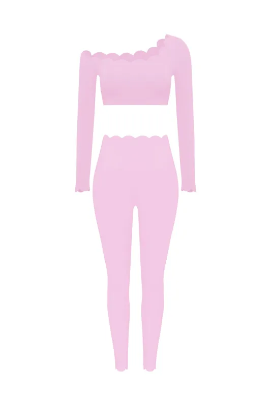 One-shoulder Scallop Long Sleeve Crop Top & High-Waist Scallop Scrunch Legging made by WISKII Active