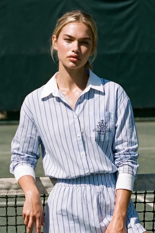 Stripe Button-Down Longline Shirt made by WISKII Active
