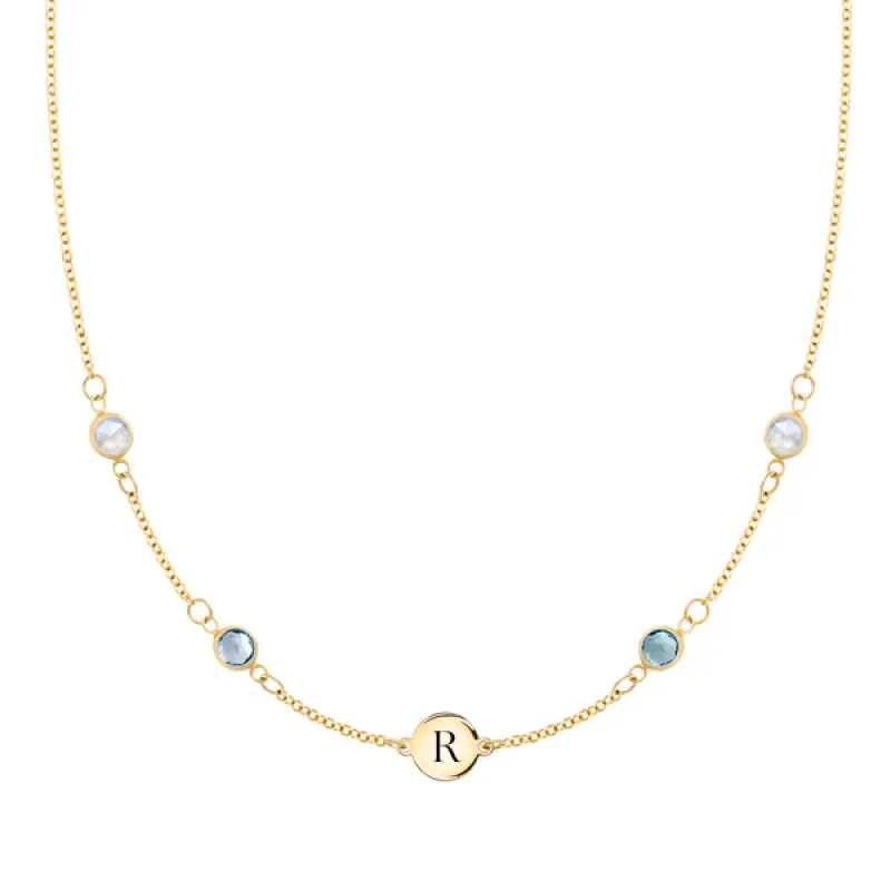 Personalized Classic 1 Letter & 4 Birthstone Necklace in 14k Gold (Double Spacing) sold by Haverhill