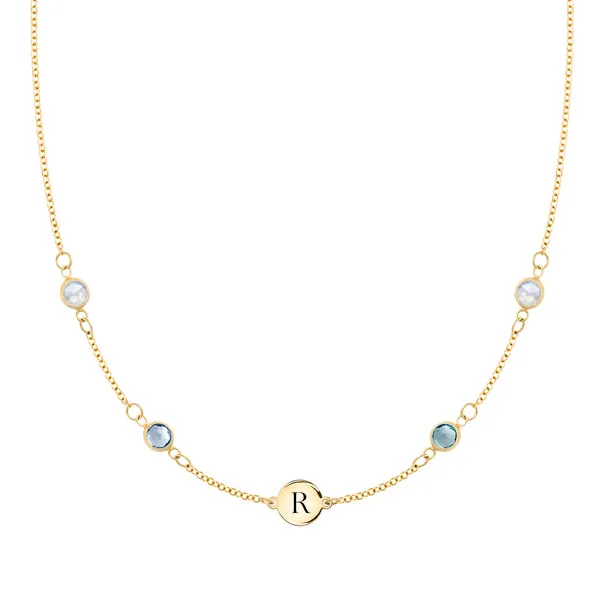 Personalized Classic 1 Letter & 4 Birthstone Necklace in 14k Gold (Double Spacing) sold by Haverhill