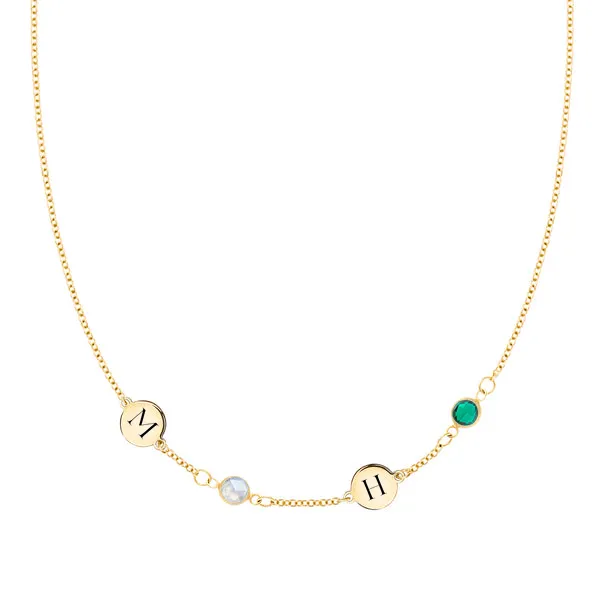 Personalized 2 Letter & 2 Classic Birthstone Necklace in 14k Gold (Single Spacing) sold by Haverhill