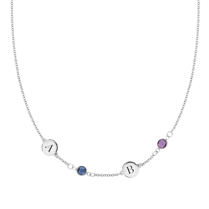 Personalized Classic 2 Letter & 2 Birthstone Necklace in 14k Gold (Single Spacing) sold by Haverhill