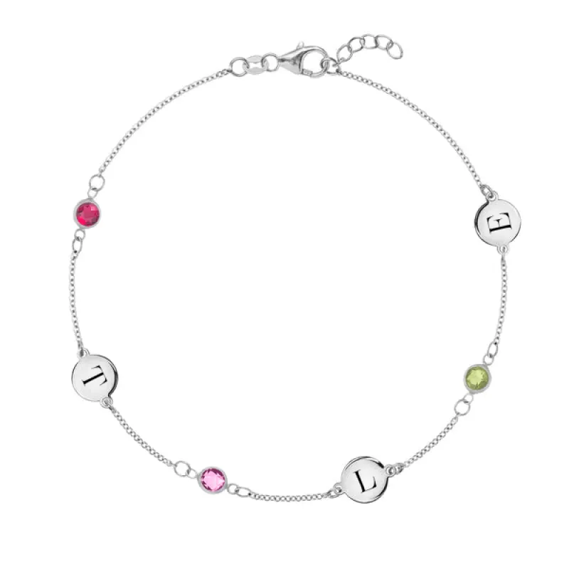 Personalized Classic 3 Letter & 3 Birthstone Bracelet in 14k Gold sold by Haverhill