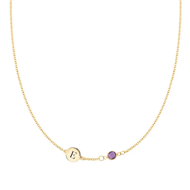 Personalized Classic 1 Letter & 1 Birthstone Necklace in 14k Gold (Single Spacing) sold by Haverhill