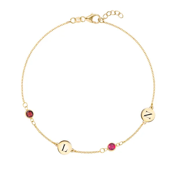 Personalized Classic 2 Letter & 2 Birthstone Bracelet in 14k Gold sold by Haverhill