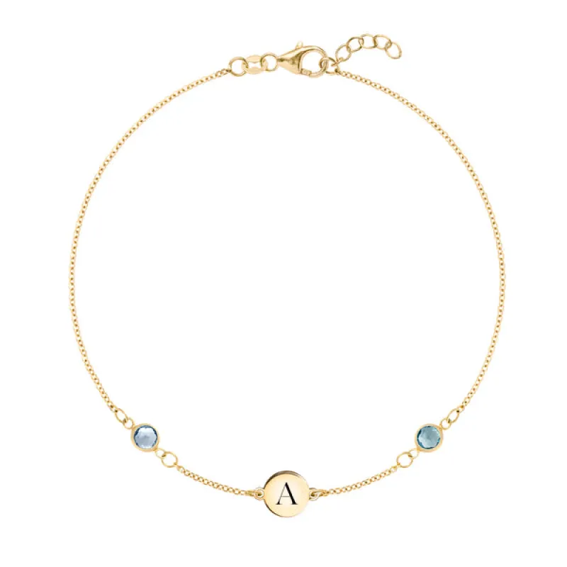 Personalized Classic 1 Letter & 2 Birthstone Bracelet in 14k Gold sold by Haverhill