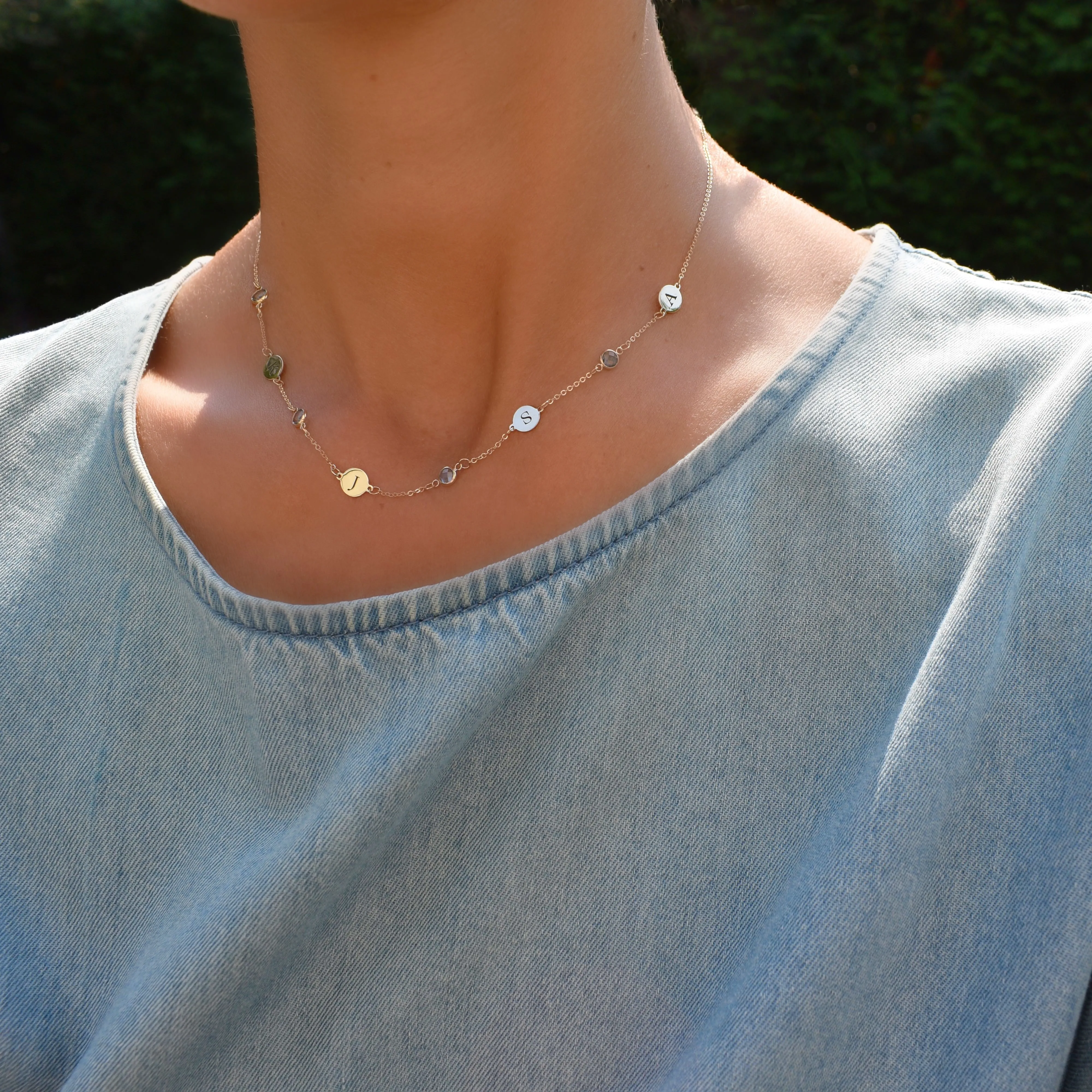 Personalized 5 Letter & 5 Classic Birthstone Necklace in 14k Gold (Single Spacing) sold by Haverhill product image thumbnail 2
