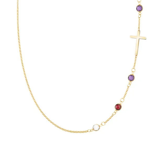 Personalized Classic Cross & 4 Birthstone Necklace in 14k Gold sold by Haverhill