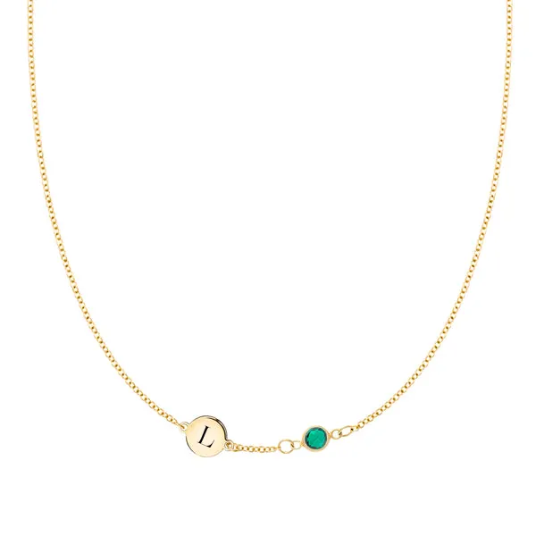 Personalized Classic 1 Letter & 1 Birthstone Necklace in 14k Gold (Single Spacing) sold by Haverhill