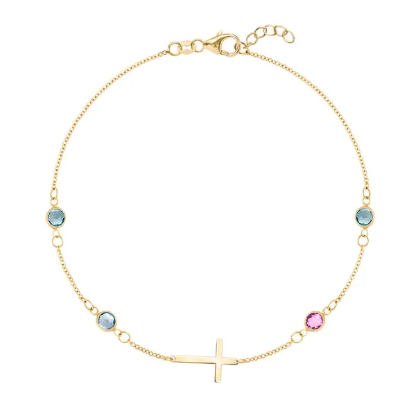 Personalized Classic Cross & 4 Birthstone Bracelet in 14k Gold sold by Haverhill