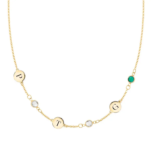 Personalized Classic 3 Letter & 3 Birthstone Necklace in 14k Gold (Single Spacing) sold by Haverhill
