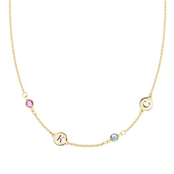 Personalized 2 Letter & 2 Classic Birthstone Necklace in 14k Gold (Double Spacing) sold by Haverhill