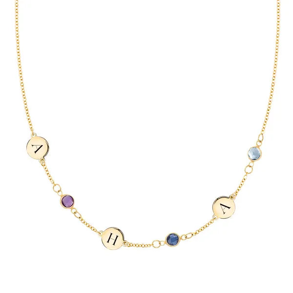 Personalized Classic 3 Letter & 3 Birthstone Necklace in 14k Gold (Single Spacing) sold by Haverhill
