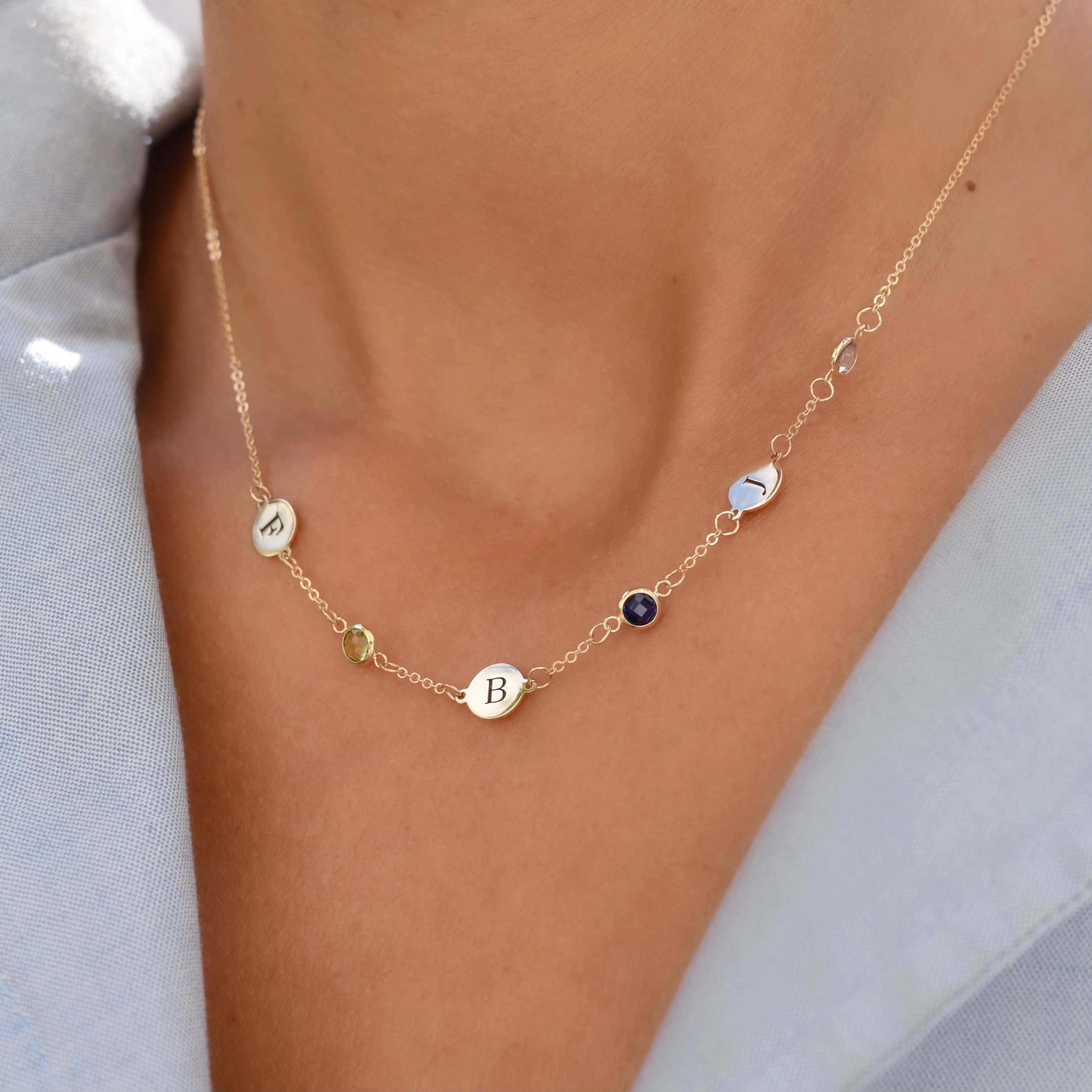 Personalized Classic 3 Letter & 3 Birthstone Necklace in 14k Gold (Single Spacing) sold by Haverhill product image thumbnail 3