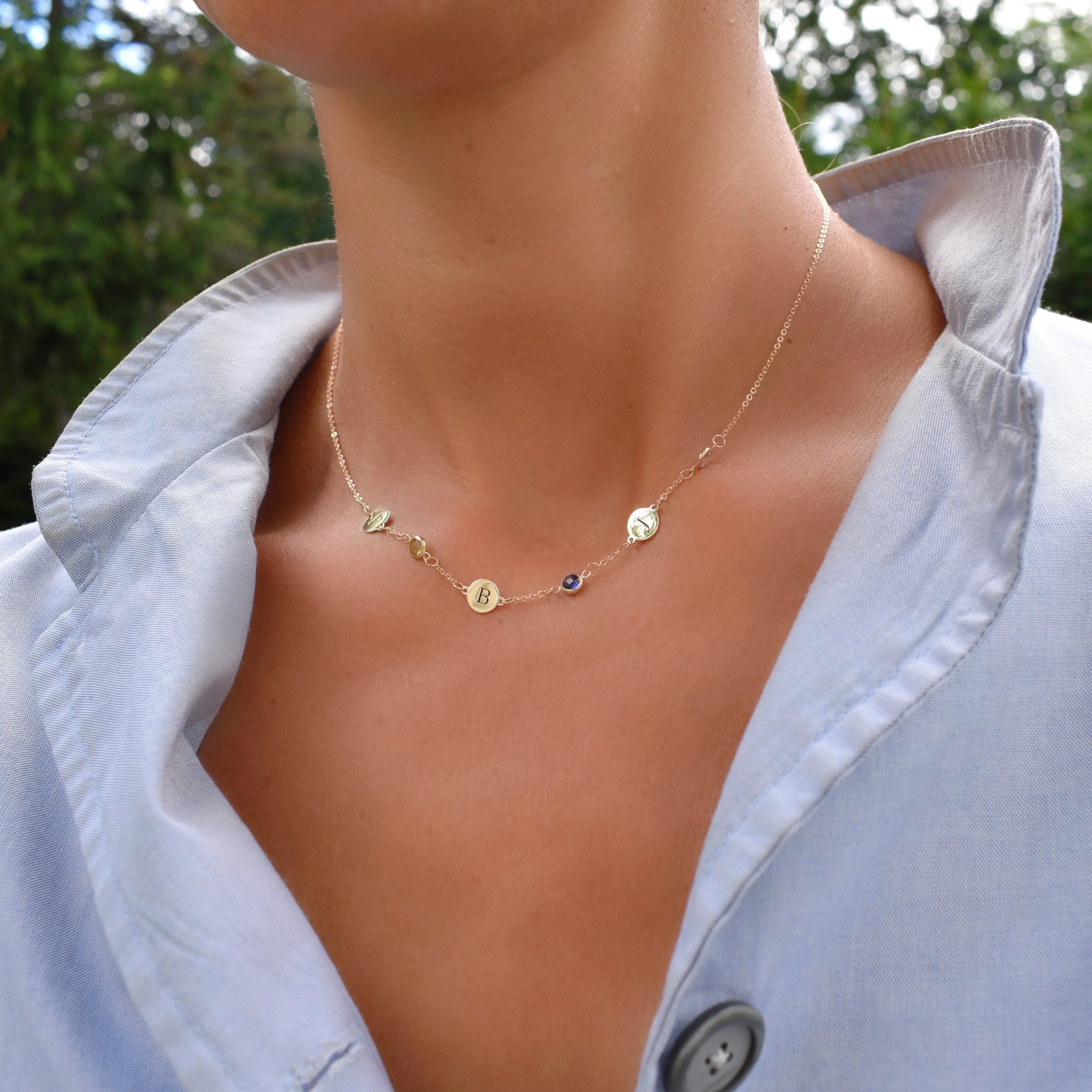Personalized Classic 3 Letter & 3 Birthstone Necklace in 14k Gold (Single Spacing) sold by Haverhill product image thumbnail 2