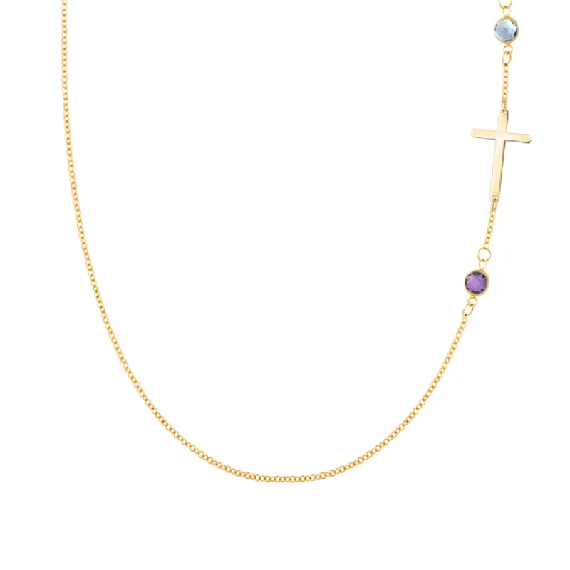 Personalized Classic Cross & 2 Birthstone Necklace in 14k Gold sold by Haverhill