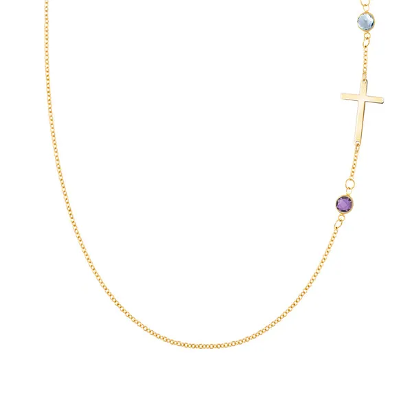 Personalized Classic Cross & 2 Birthstone Necklace in 14k Gold sold by Haverhill