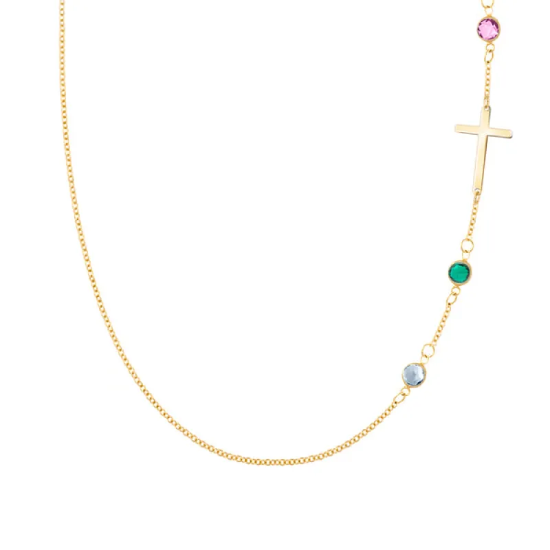 Personalized Classic Cross & 3 Birthstone Necklace in 14k Gold sold by Haverhill
