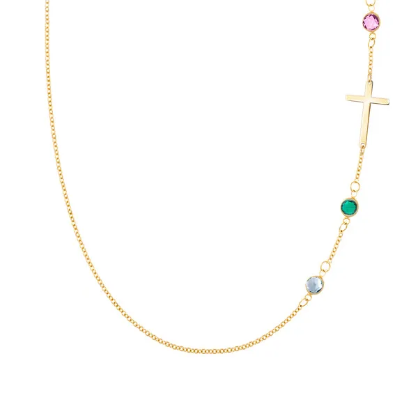 Personalized Classic Cross & 3 Birthstone Necklace in 14k Gold sold by Haverhill