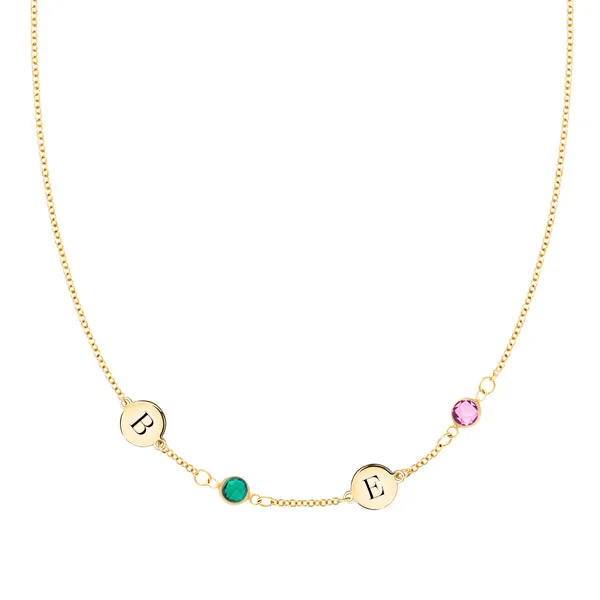 Personalized 2 Letter & 2 Classic Birthstone Necklace in 14k Gold (Single Spacing) sold by Haverhill