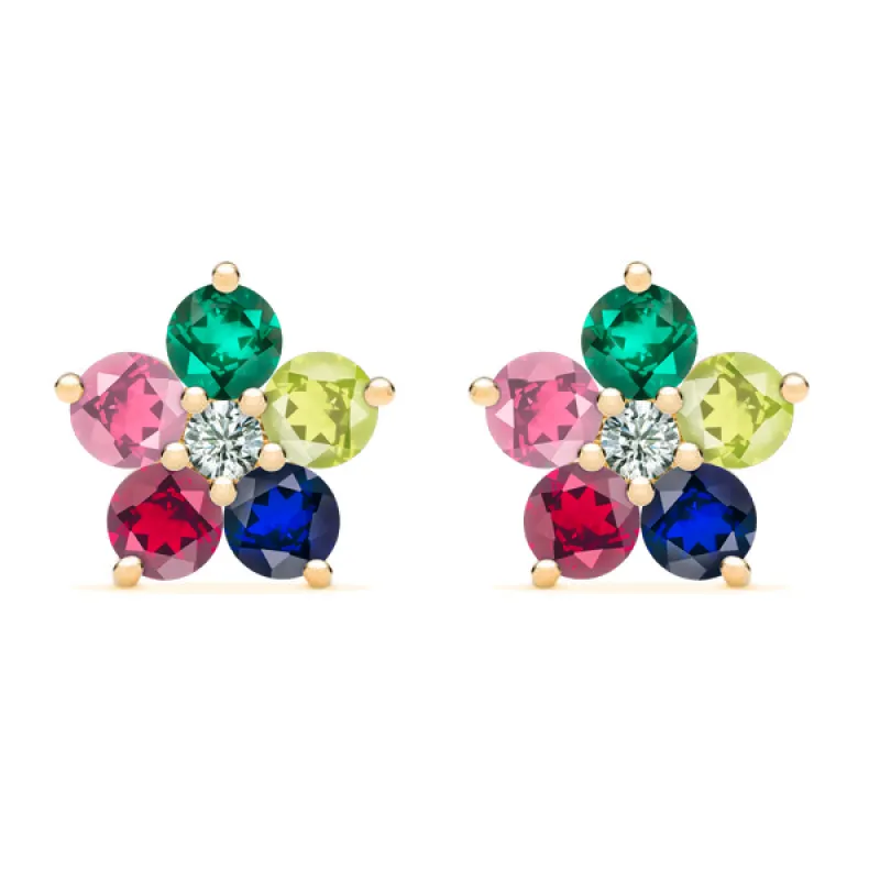 Personalized Greenwich Flower Birthstone & Diamond Earrings in 14k Gold sold by Haverhill