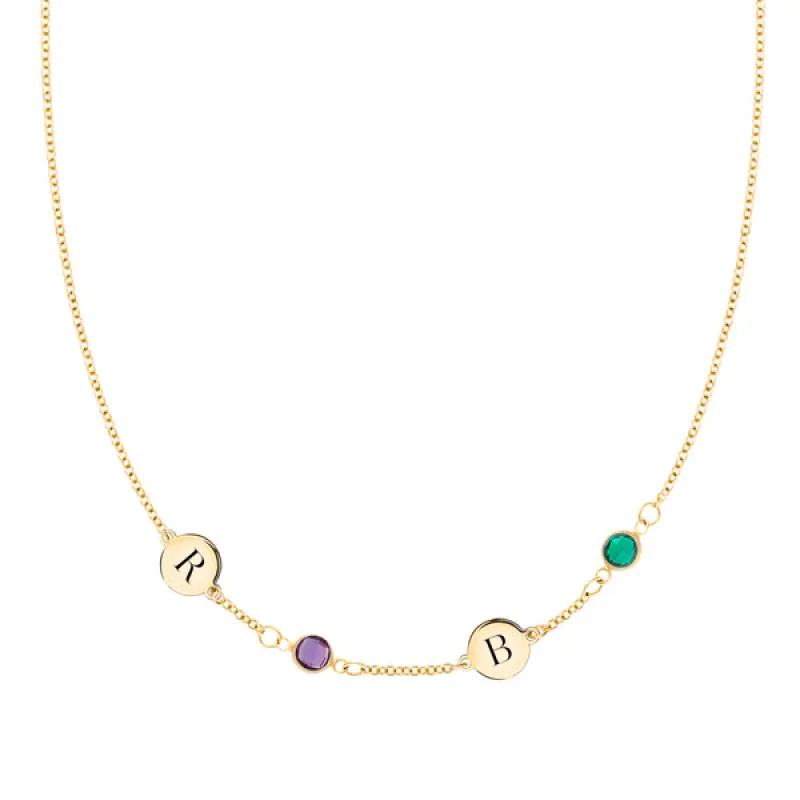 Personalized Classic 2 Letter & 2 Birthstone Necklace in 14k Gold (Single Spacing) sold by Haverhill