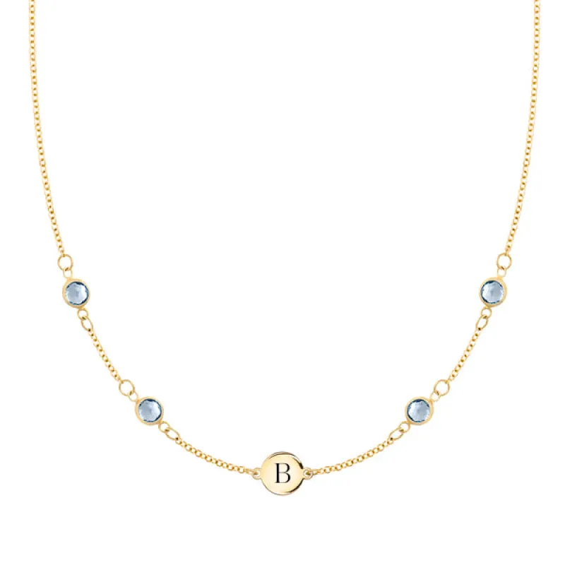 Personalized Classic 1 Letter & 4 Aquamarine Necklace in 14k Gold (March) sold by Haverhill