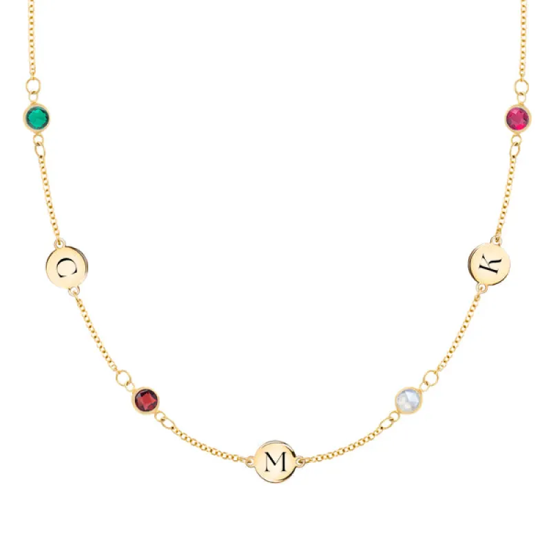 Personalized Classic 3 Letter & 4 Birthstone Necklace in 14k Gold (Double Spacing) sold by Haverhill