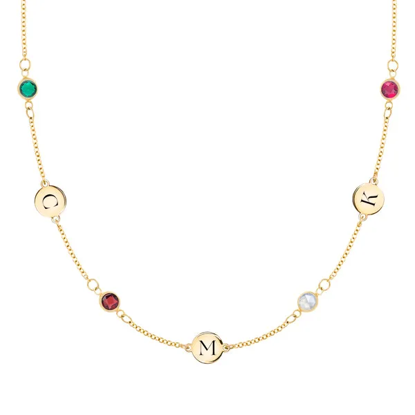 Personalized Classic 3 Letter & 4 Birthstone Necklace in 14k Gold (Double Spacing) sold by Haverhill
