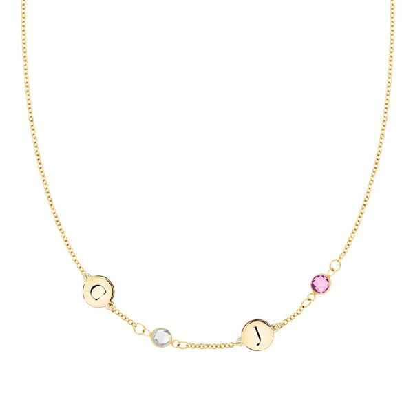 Personalized Classic 2 Letter & 2 Birthstone Necklace in 14k Gold (Single Spacing) sold by Haverhill
