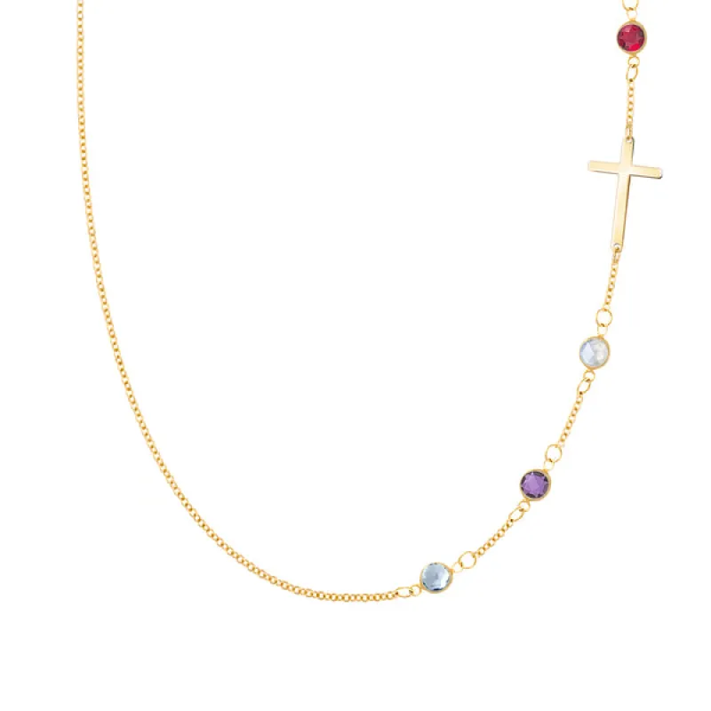 Personalized Classic Cross & 4 Birthstone Necklace in 14k Gold sold by Haverhill