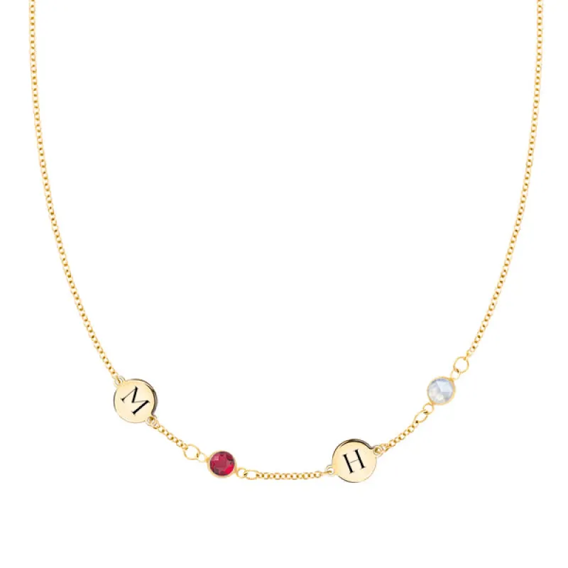 Personalized Classic 2 Letter & 2 Birthstone Necklace in 14k Gold (Single Spacing) sold by Haverhill