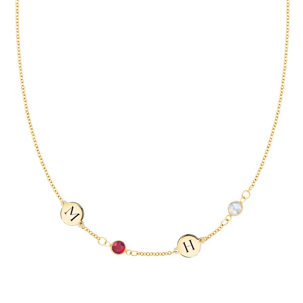 Personalized Classic 2 Letter & 2 Birthstone Necklace in 14k Gold (Single Spacing) sold by Haverhill
