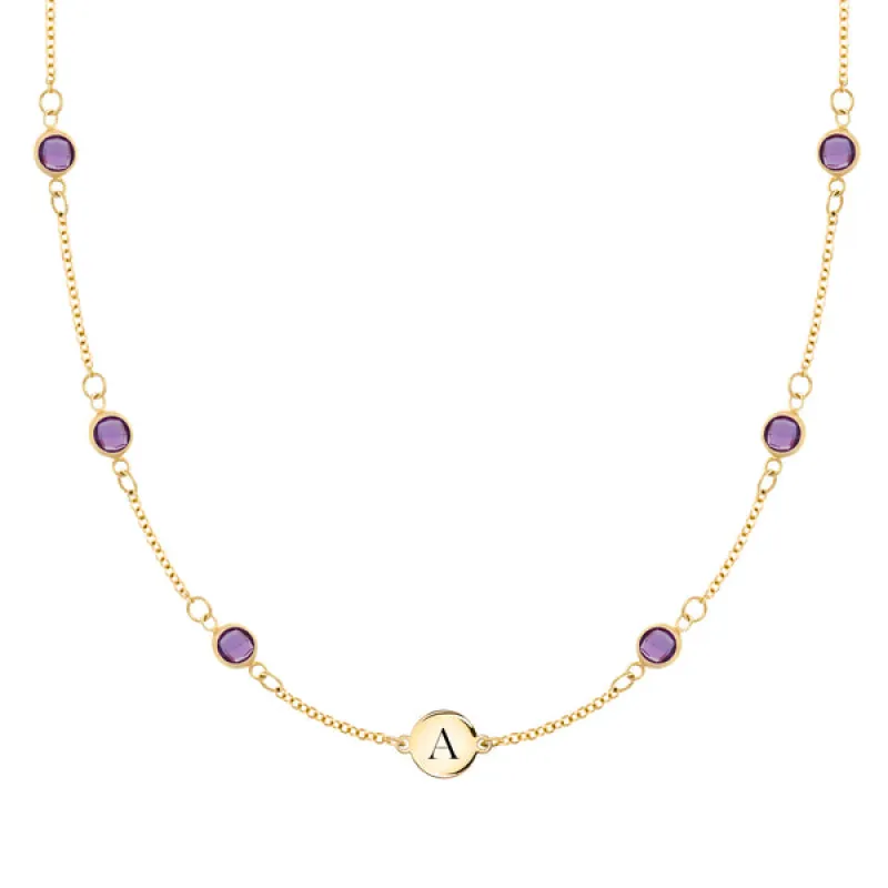 Personalized Classic 1 Letter & 6 Birthstone Necklace in 14k Gold (Double Spacing) sold by Haverhill