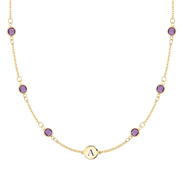 Personalized Classic 1 Letter & 6 Birthstone Necklace in 14k Gold (Double Spacing) sold by Haverhill