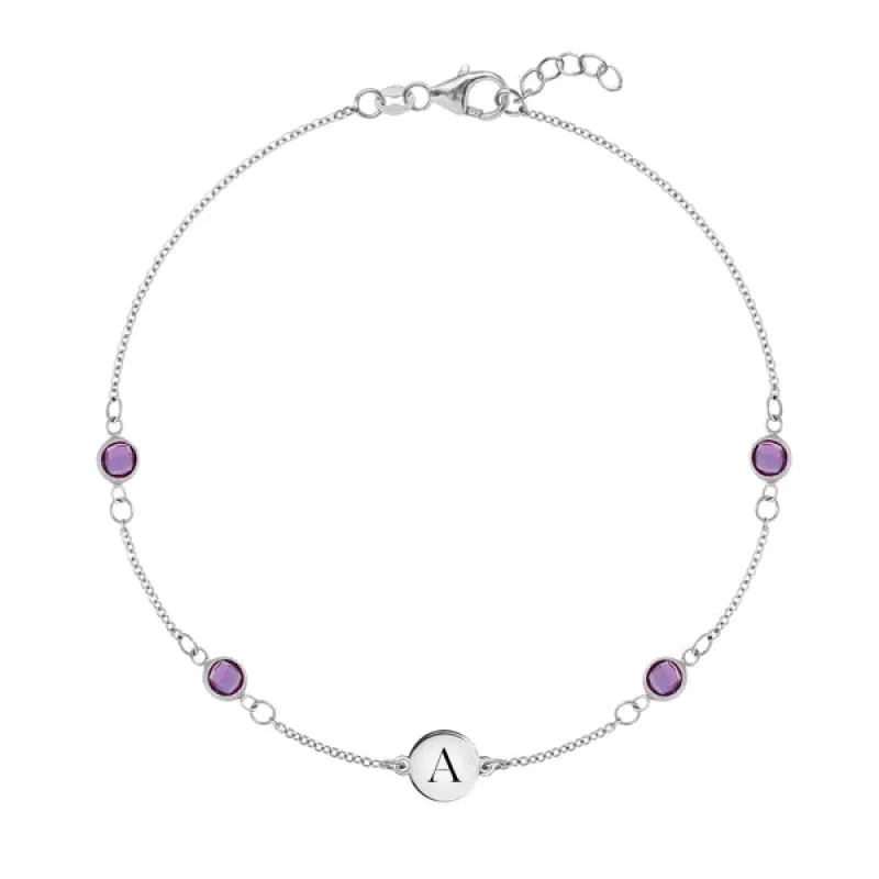 Personalized Classic 1 Letter & 4 Amethyst Bracelet in 14k Gold (February) sold by Haverhill