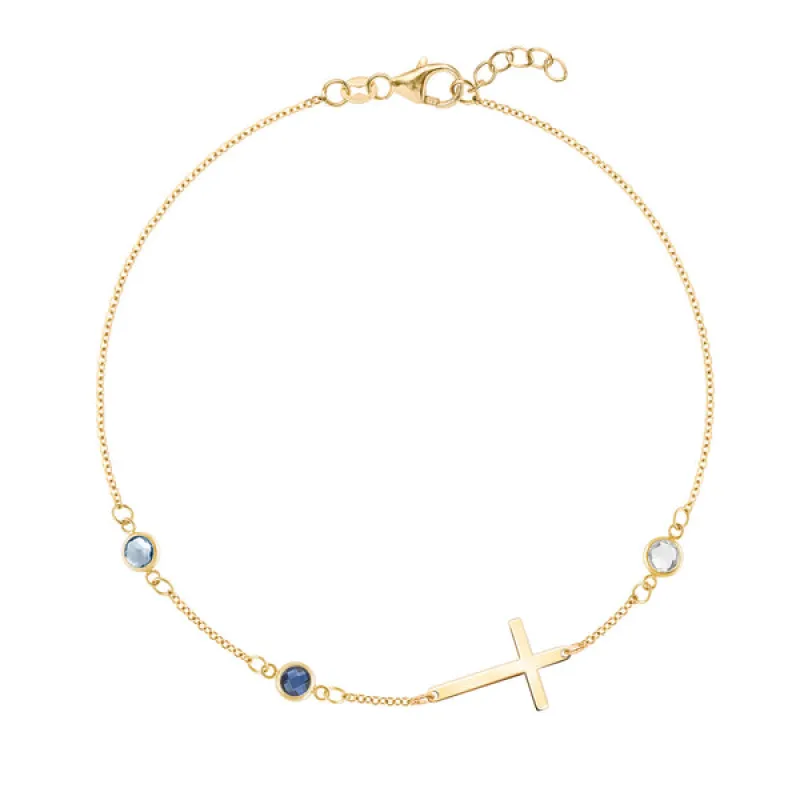 Personalized Classic Cross & 3 Birthstone Bracelet in 14k Gold sold by Haverhill