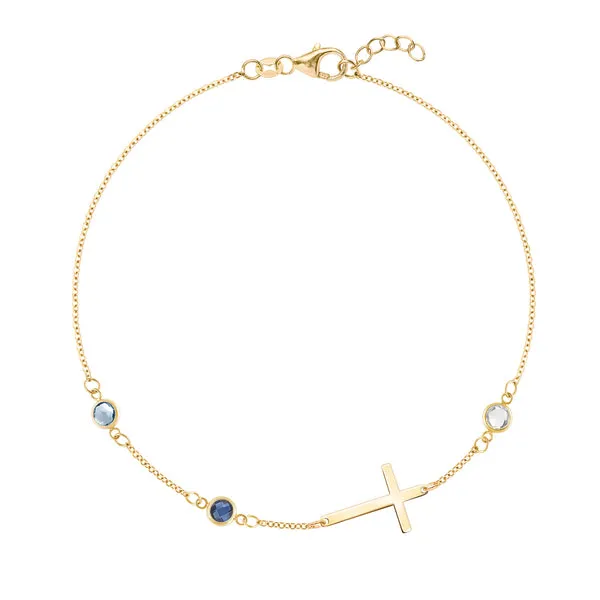 Personalized Classic Cross & 3 Birthstone Bracelet in 14k Gold sold by Haverhill