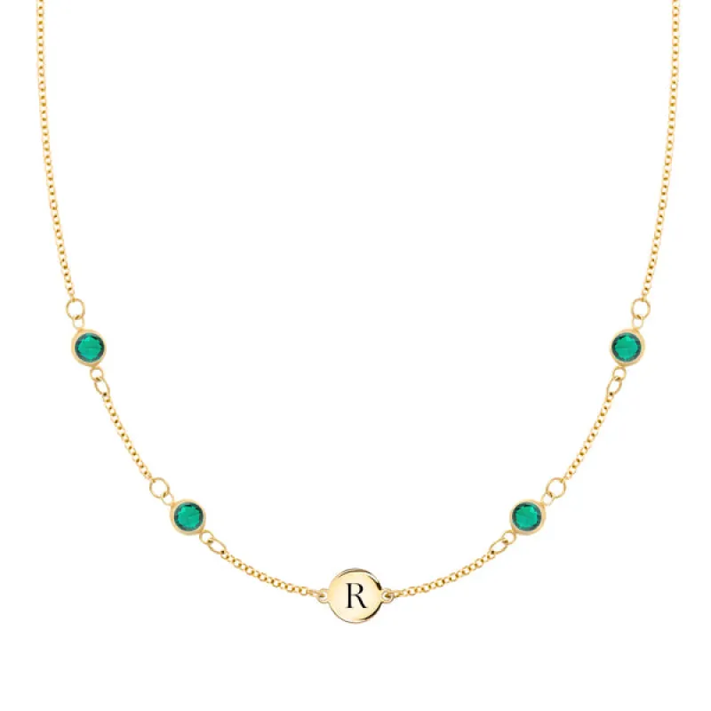 Personalized Classic 1 Letter & 4 Birthstone Necklace in 14k Gold (Double Spacing) sold by Haverhill