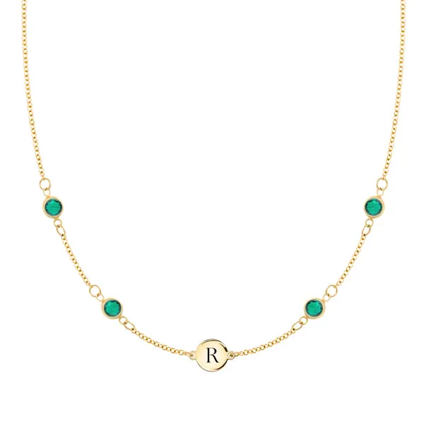 Personalized Classic 1 Letter & 4 Birthstone Necklace in 14k Gold (Double Spacing) sold by Haverhill