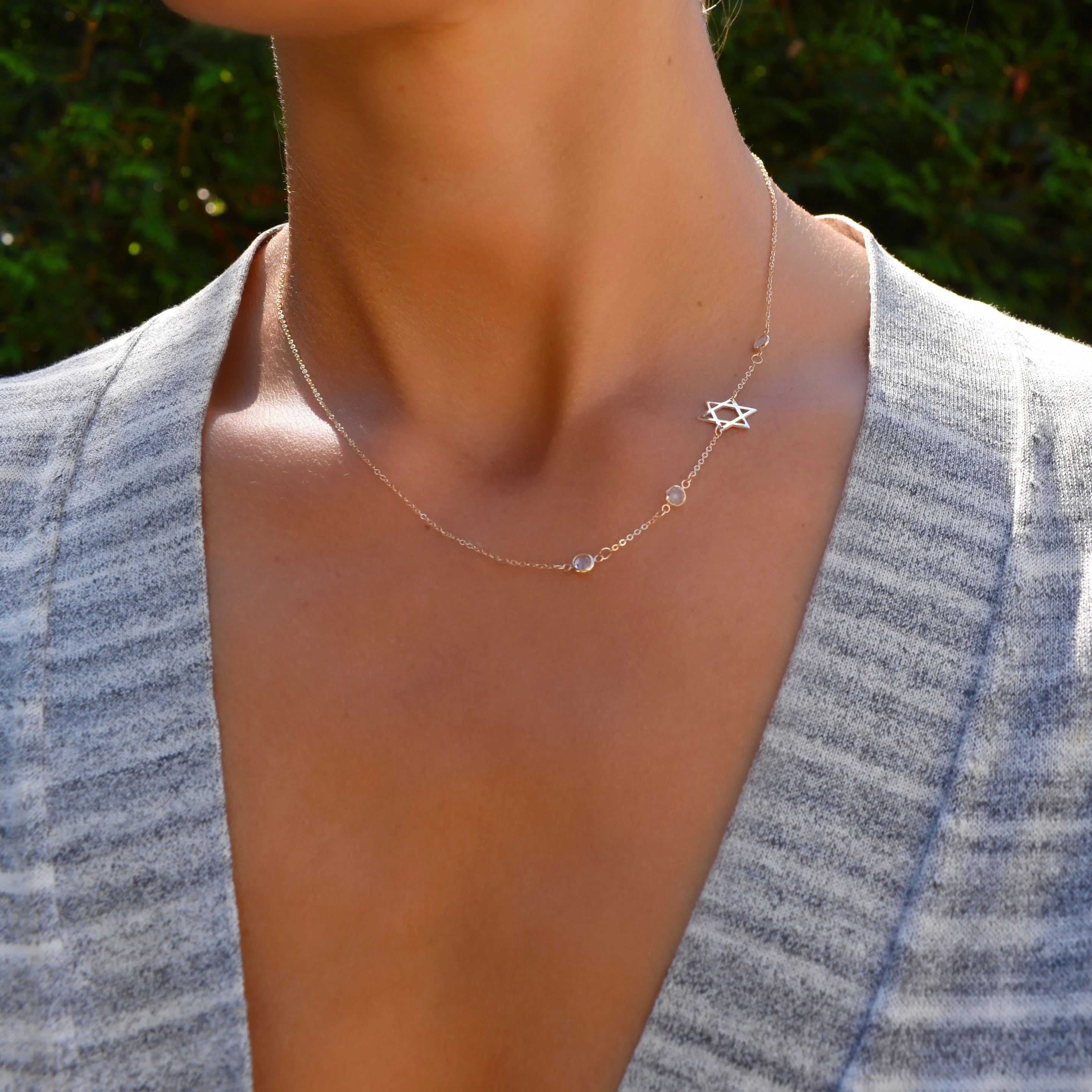 Personalized Classic Star of David & 3 Birthstone Necklace in 14k Gold sold by Haverhill product image thumbnail 2