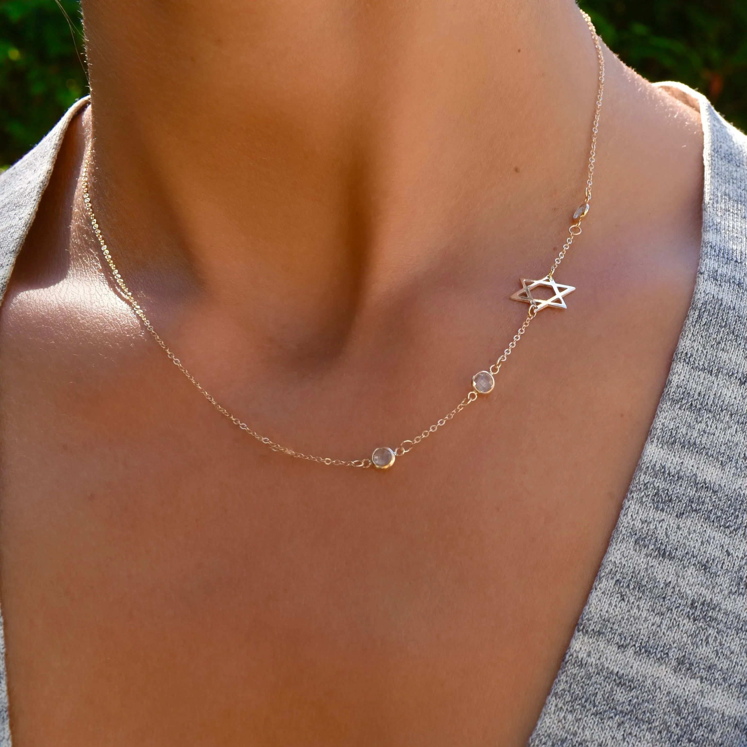 Personalized Classic Star of David & 3 Birthstone Necklace in 14k Gold sold by Haverhill product image thumbnail 3