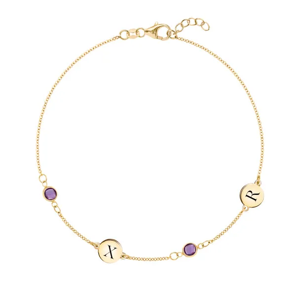 Personalized Classic 2 Letter & 2 Birthstone Bracelet in 14k Gold sold by Haverhill