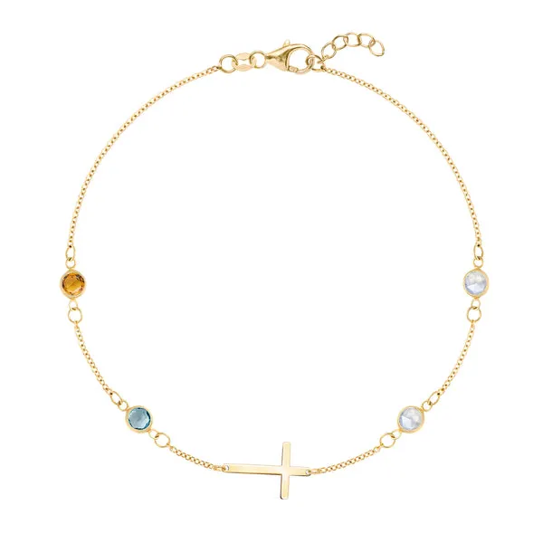 Personalized Classic Cross & 4 Birthstone Bracelet in 14k Gold sold by Haverhill
