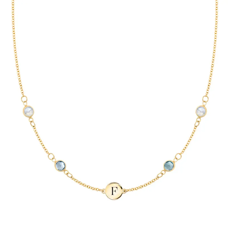 Personalized Classic 1 Letter & 4 Birthstone Necklace in 14k Gold (Double Spacing) sold by Haverhill