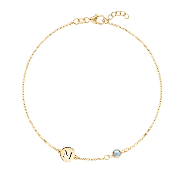 Personalized Classic 1 Letter & 1 Aquamarine Bracelet in 14k Gold (March) sold by Haverhill