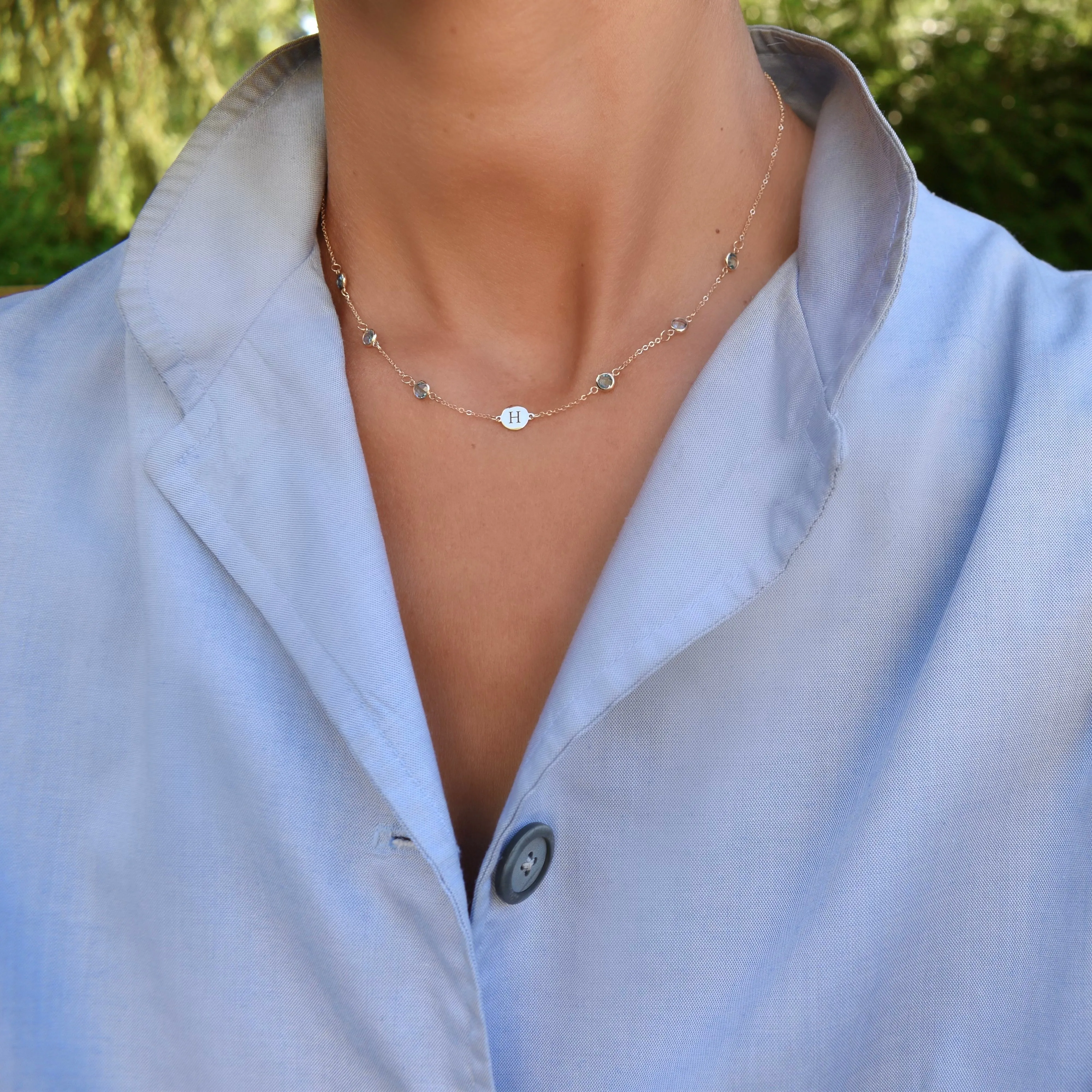 Personalized Classic 1 Letter & 6 Birthstone Necklace in 14k Gold (Double Spacing) sold by Haverhill product image thumbnail 2