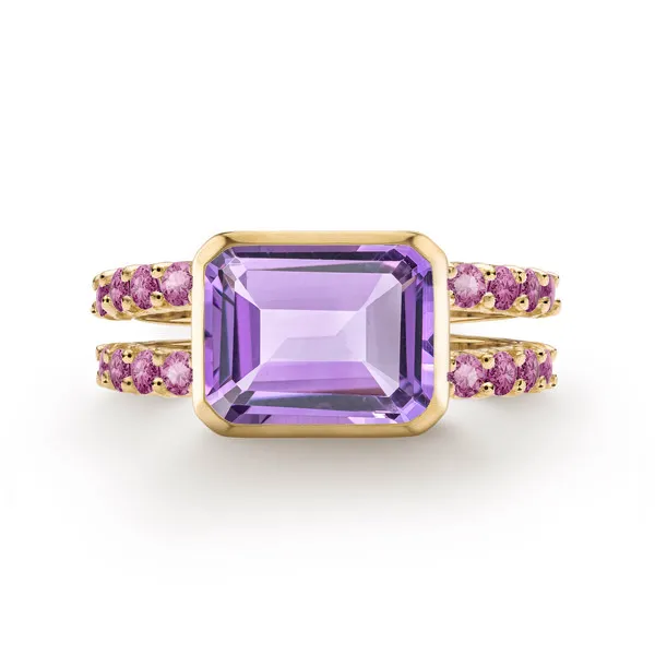 Personalized Warren Horizontal Birthstone Ring with Accent Stones in 14k Gold sold by Haverhill